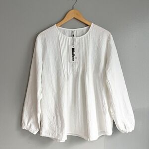 Minibee Womens White Linen Blend Pintuck Henley Blouse Top Long Sleeve 2XL NWT